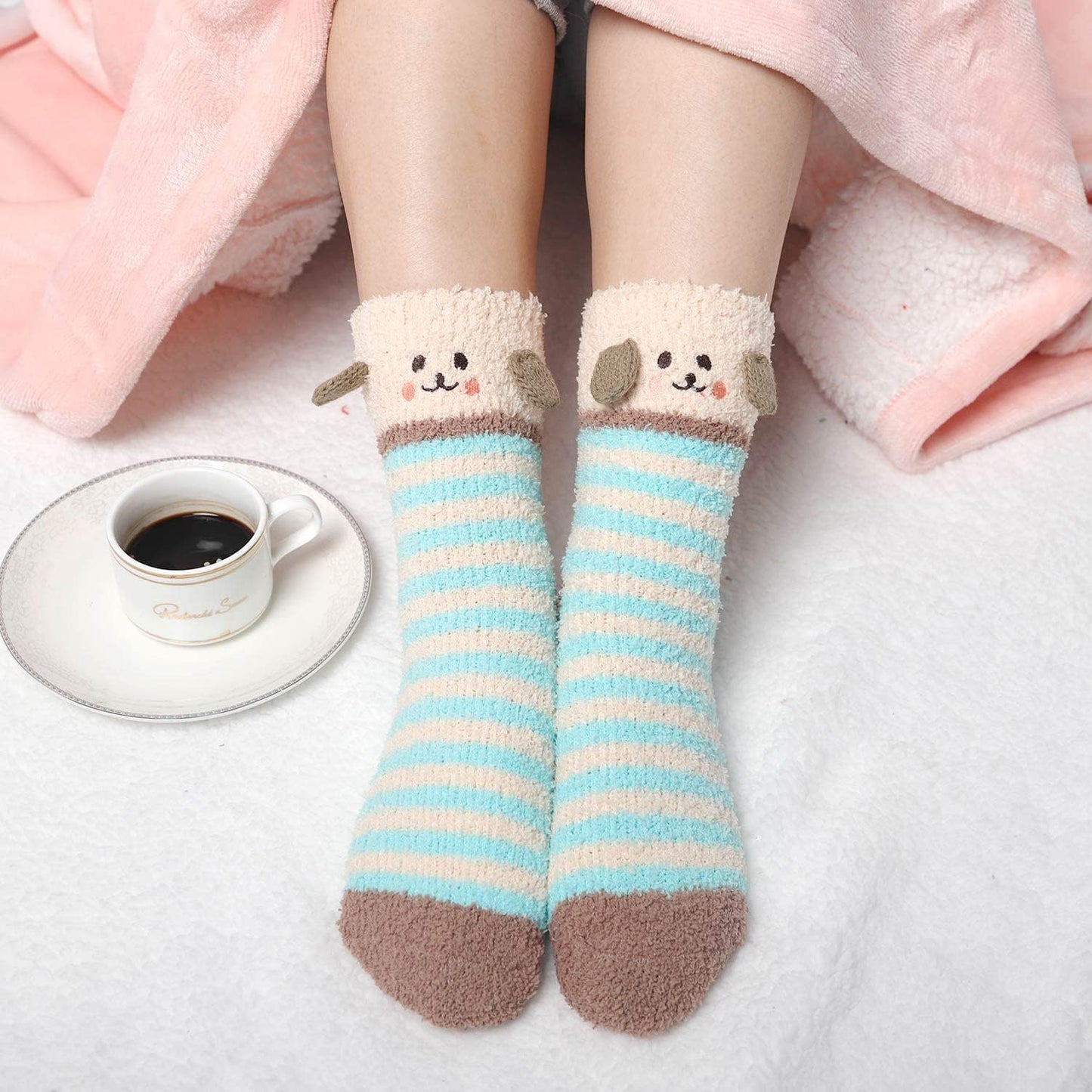 Fuzzy Slipper Socks for Women Fluffy Warm Non Slip Cozy with Grips Winter Soft Socks Animal Design 5 Pairs