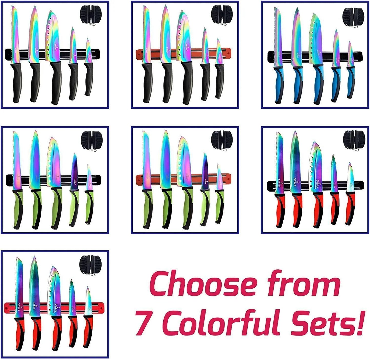 Kitchen Knife Set Kit 5 Professional Grade Iridescent Blade Knives Includes Knife Sharpener & Magnetic Wall Hanger All Blue with Black Knife Rack