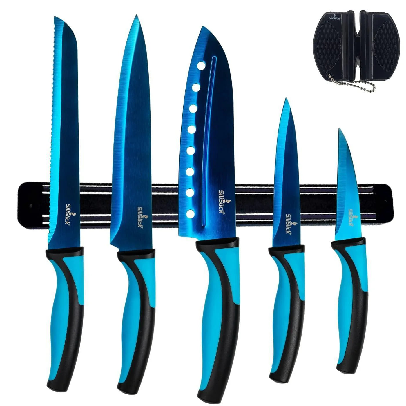 Kitchen Knife Set Kit 5 Professional Grade Iridescent Blade Knives Includes Knife Sharpener & Magnetic Wall Hanger All Blue with Black Knife Rack