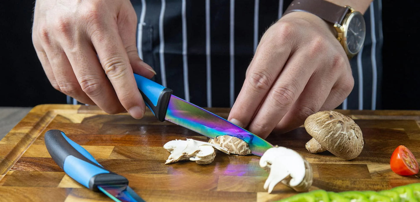 Kitchen Knife Set Kit 5 Professional Grade Iridescent Blade Knives Includes Knife Sharpener & Magnetic Wall Hanger All Blue with Black Knife Rack
