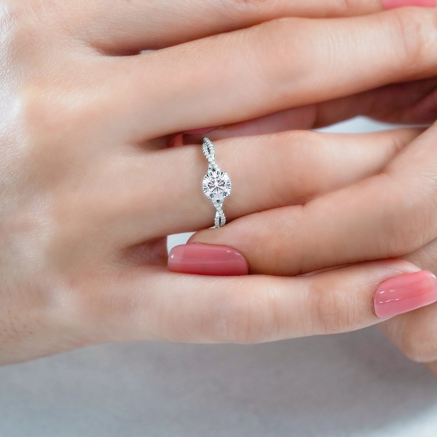 1 Carat Infinity round Cut Moissanite Engagement Ring in 18K White Gold Plating for Women