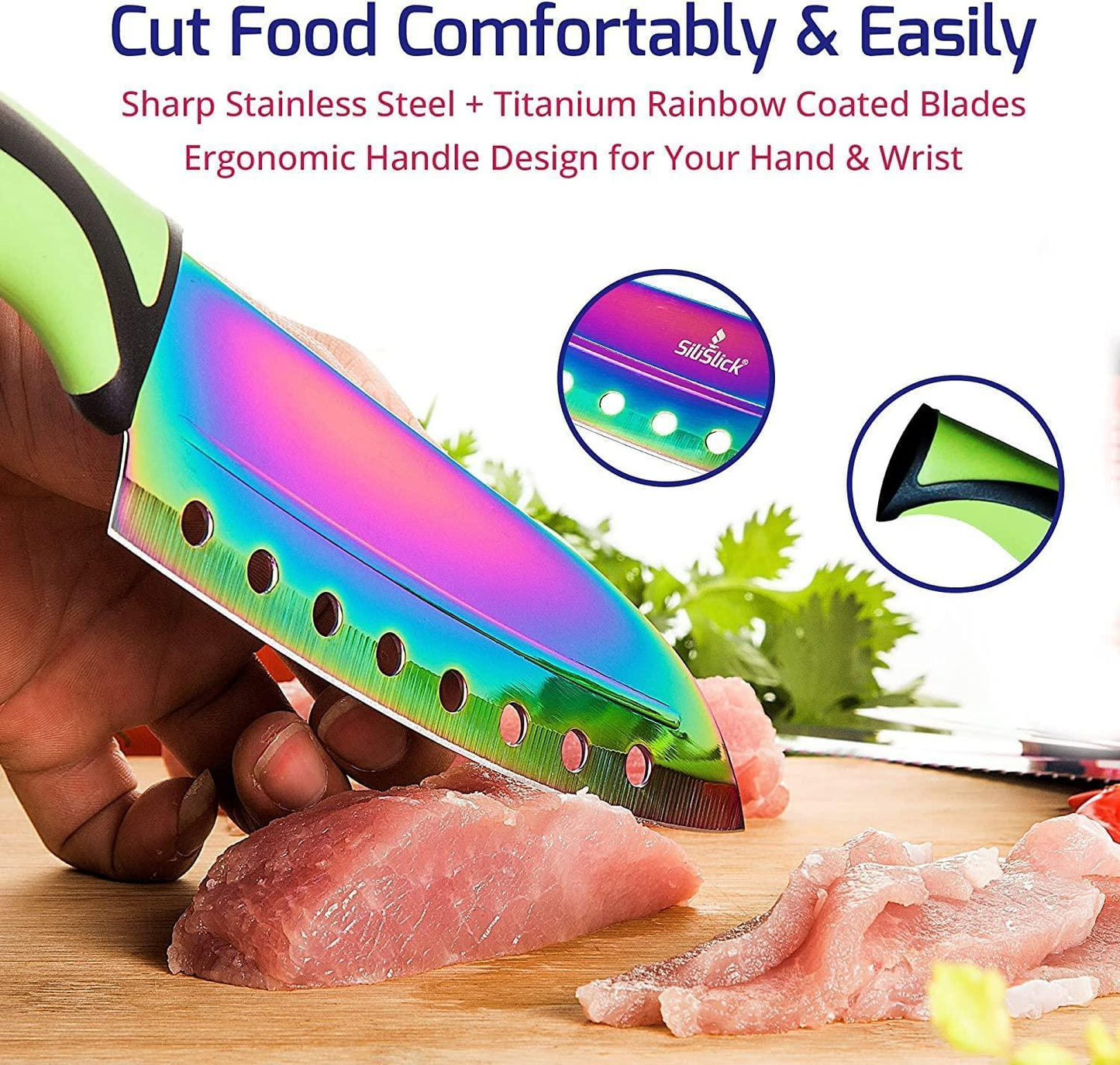 Kitchen Knife Set Kit 5 Professional Grade Iridescent Blade Knives Includes Knife Sharpener & Magnetic Wall Hanger All Blue with Black Knife Rack