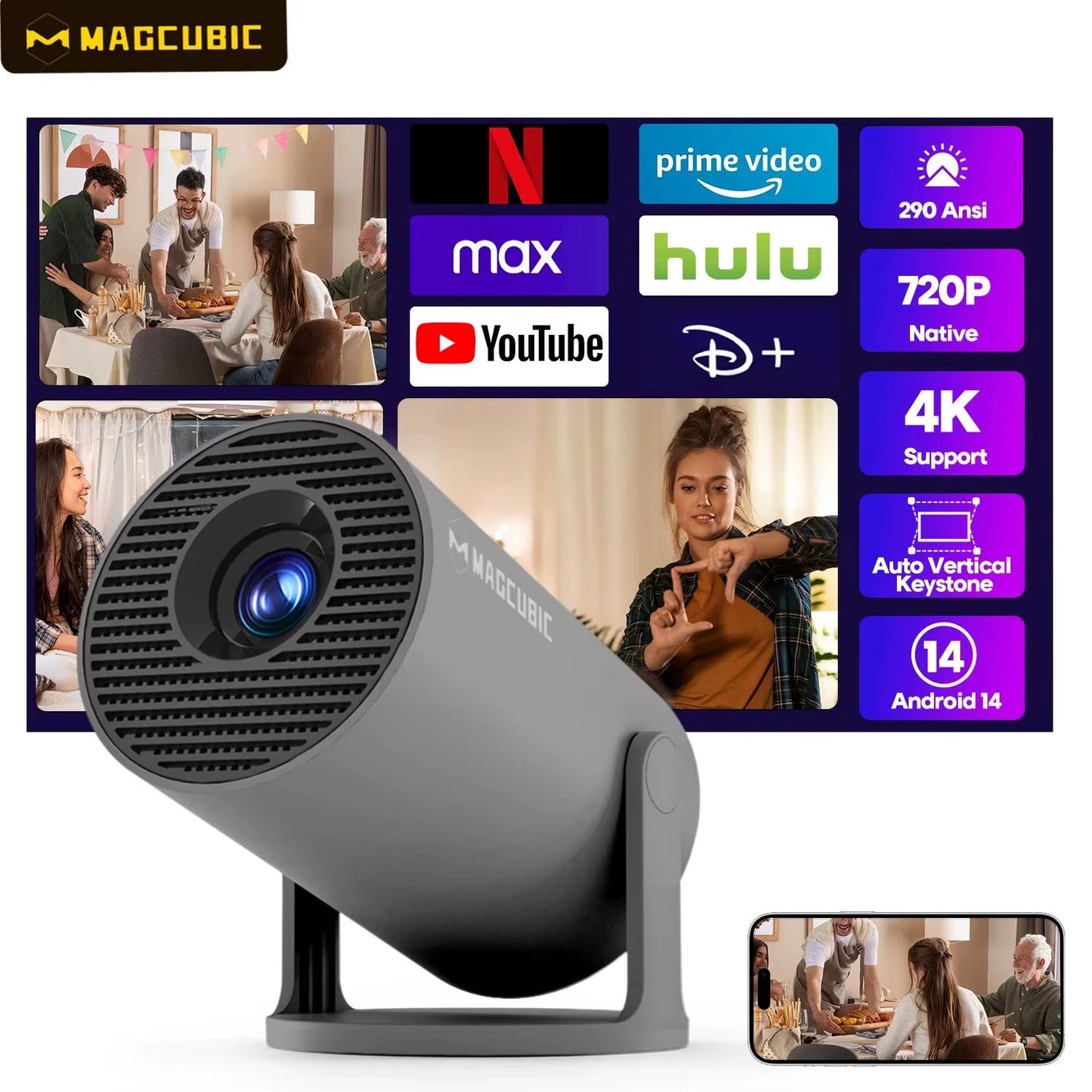 Projector 8K Android 14 HY300 Pro Dual Wifi6 290ANSI Allwinner H726 BT5.4 1280*720P Cinema Outdoor Portable Projetor