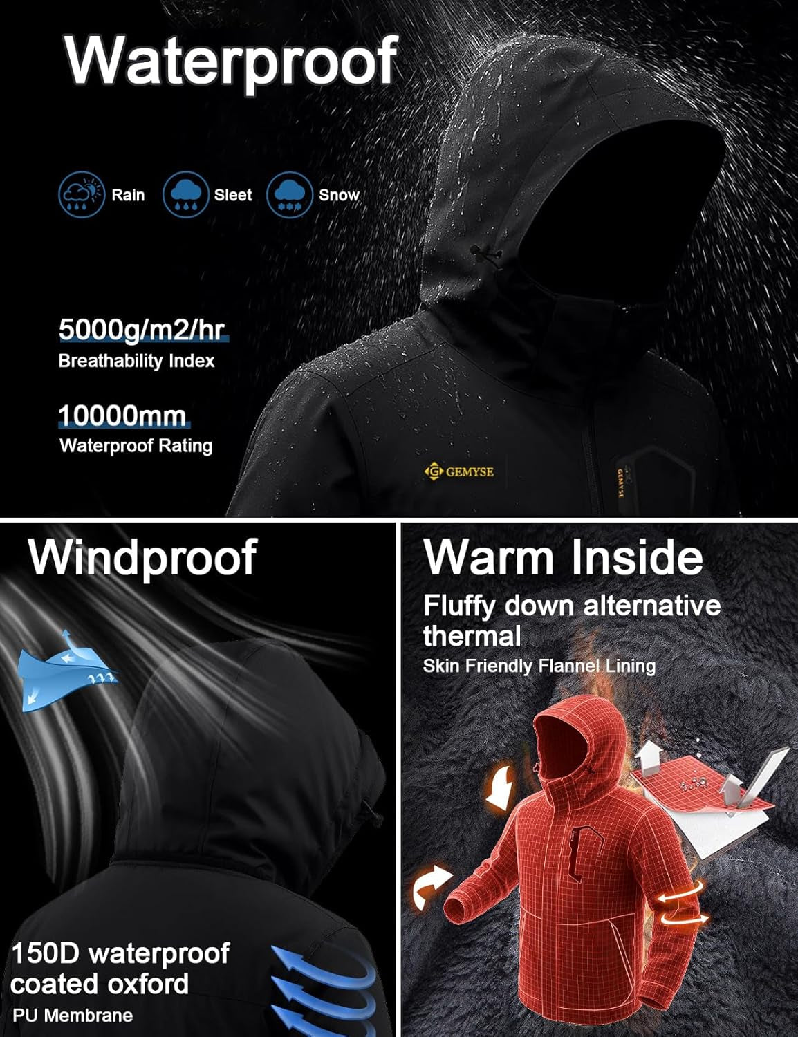 Men'S Mountain Waterproof Ski Snow Jacket Winter Windproof Rain Jacket
