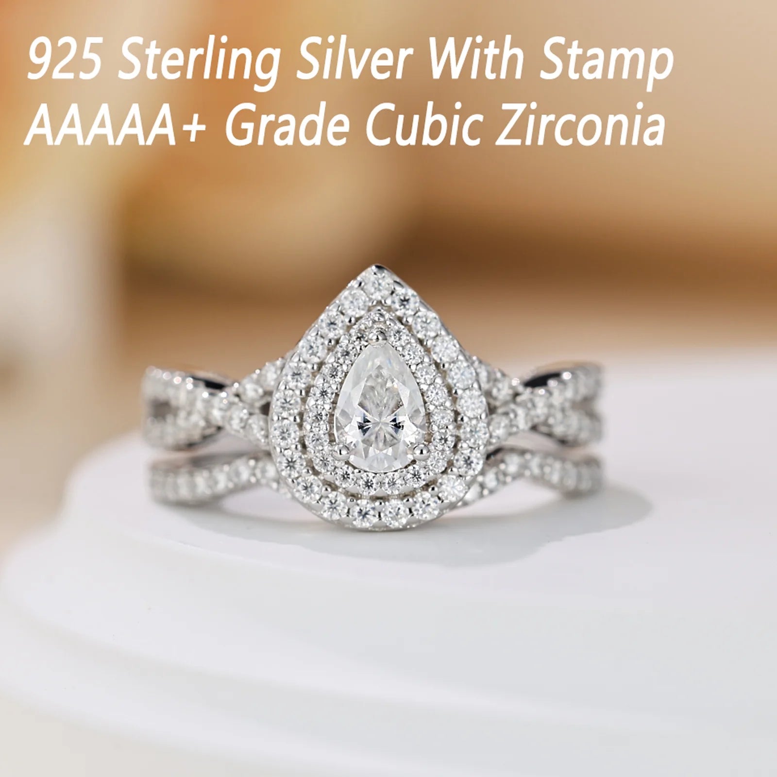 Wedding Rings Set Rings for Women Bridal Engagement Ring 925 Sterling Silver AAAAA Cz 1.7Ct Pear Size 13