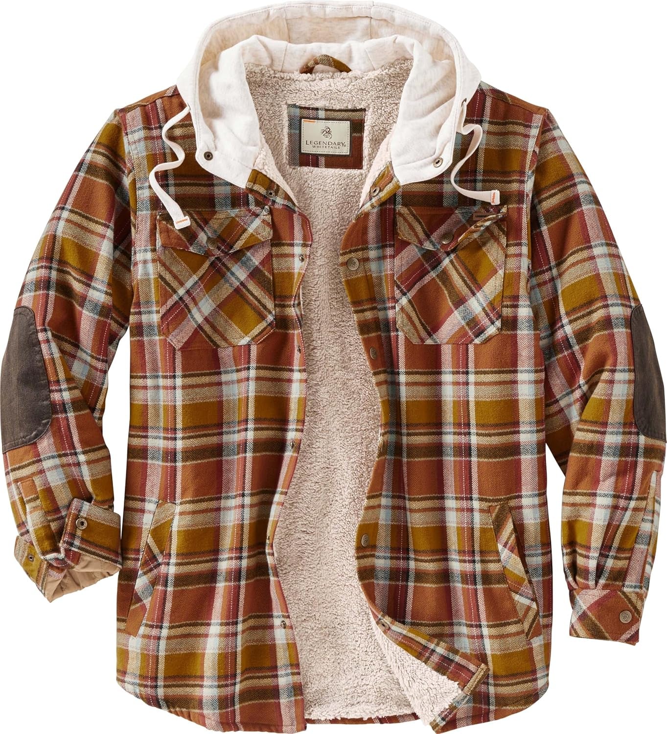 Men'S Hooded Shirt Jacket Plaid Flannel Berber Lined Polyfill Insulated