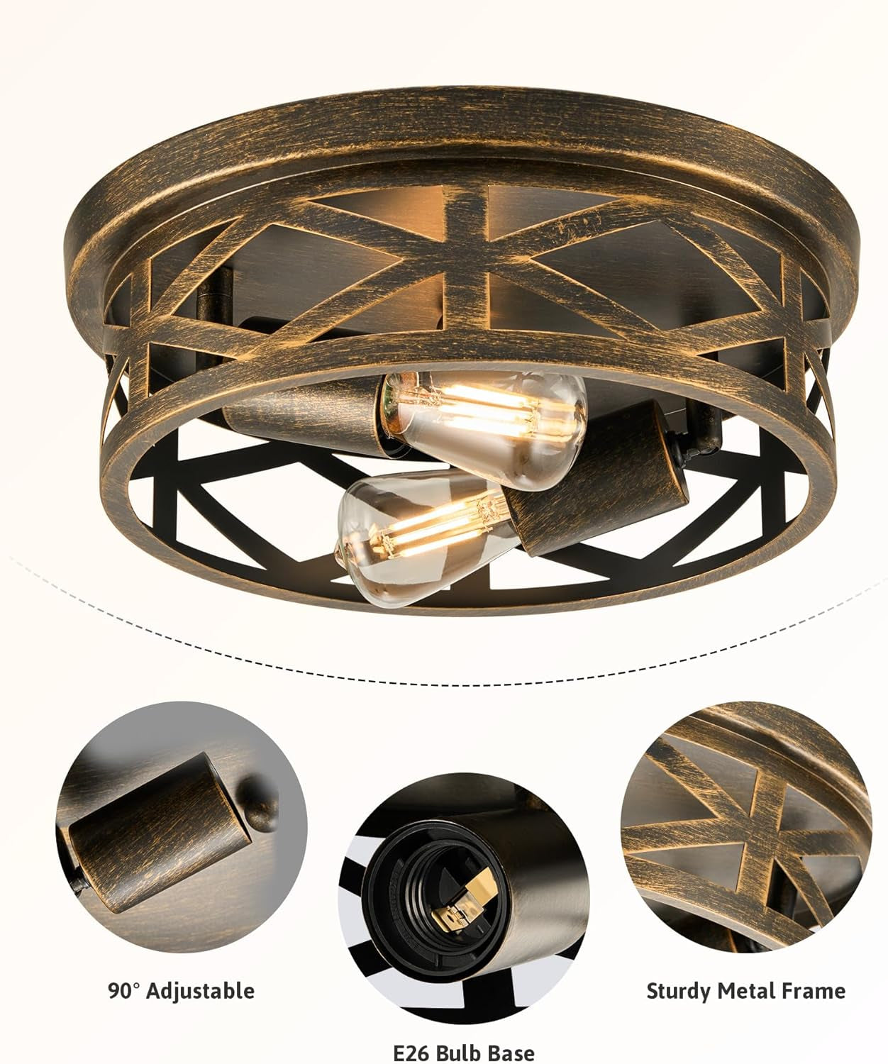 Flush Mount Ceiling Lights, 2-Light Hallway Ceiling Lighting Fixtures, 11 Inch Farmhouse Metal Cage Ceiling Lights for Entryway Kitchen, Adjustable Lamp Holders, ETL, 2 Pcs, Oil-Rubbed Bronze