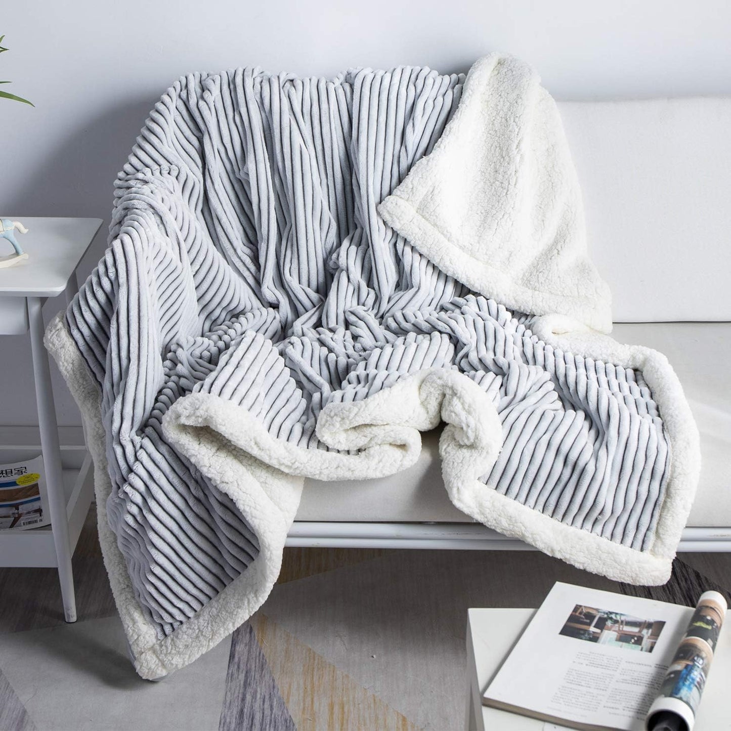 Sherpa Blanket Fleece Throw – 51X63, Grey & White – Soft, Plush, Fluffy, Fuzzy, Warm, Cozy, Thick – Perfect for Couch, Bed, Sofa, Chair - Christmas Blanket Gift for Winter