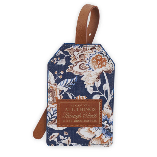 Inspirational Vegan Leather Floral Scripture Luggage Tag for Women: All Things through Christ- Baggage Accessory for Carry-On, Checked Bags, Backpacks, 4.8 X 3.1, Navy Blue/Brown (