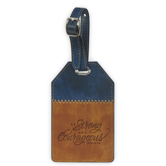 Inspirational Vegan Leather Scripture Luggage Tag for Men & Women: Strong & Courageous - Baggage Accessory for Carry-On, Checked Bags, Backpacks, 4.8 X 3.1, Black/Brown (Other)