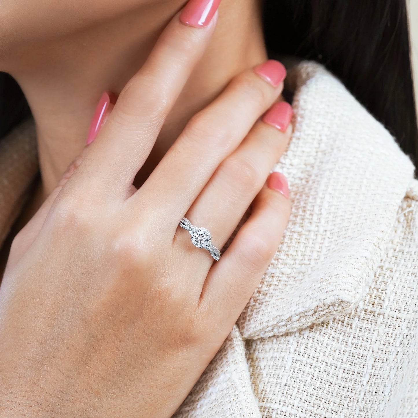 1 Carat Infinity round Cut Moissanite Engagement Ring in 18K White Gold Plating for Women