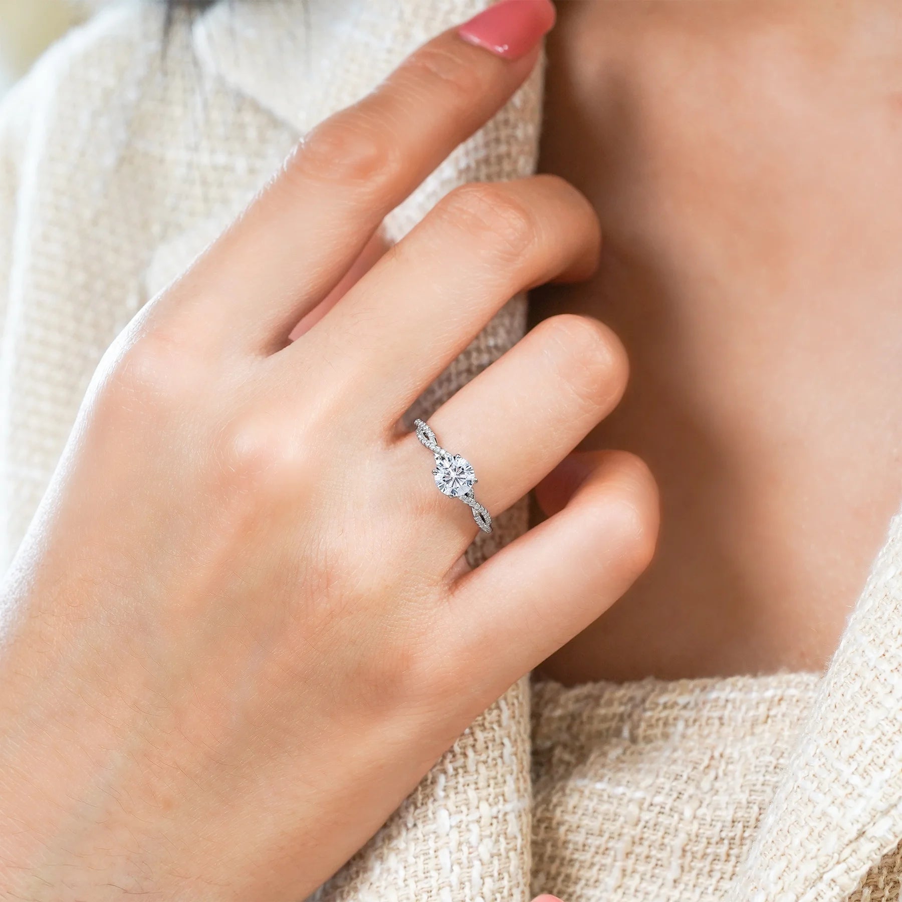 1 Carat Infinity round Cut Moissanite Engagement Ring in 18K White Gold Plating for Women
