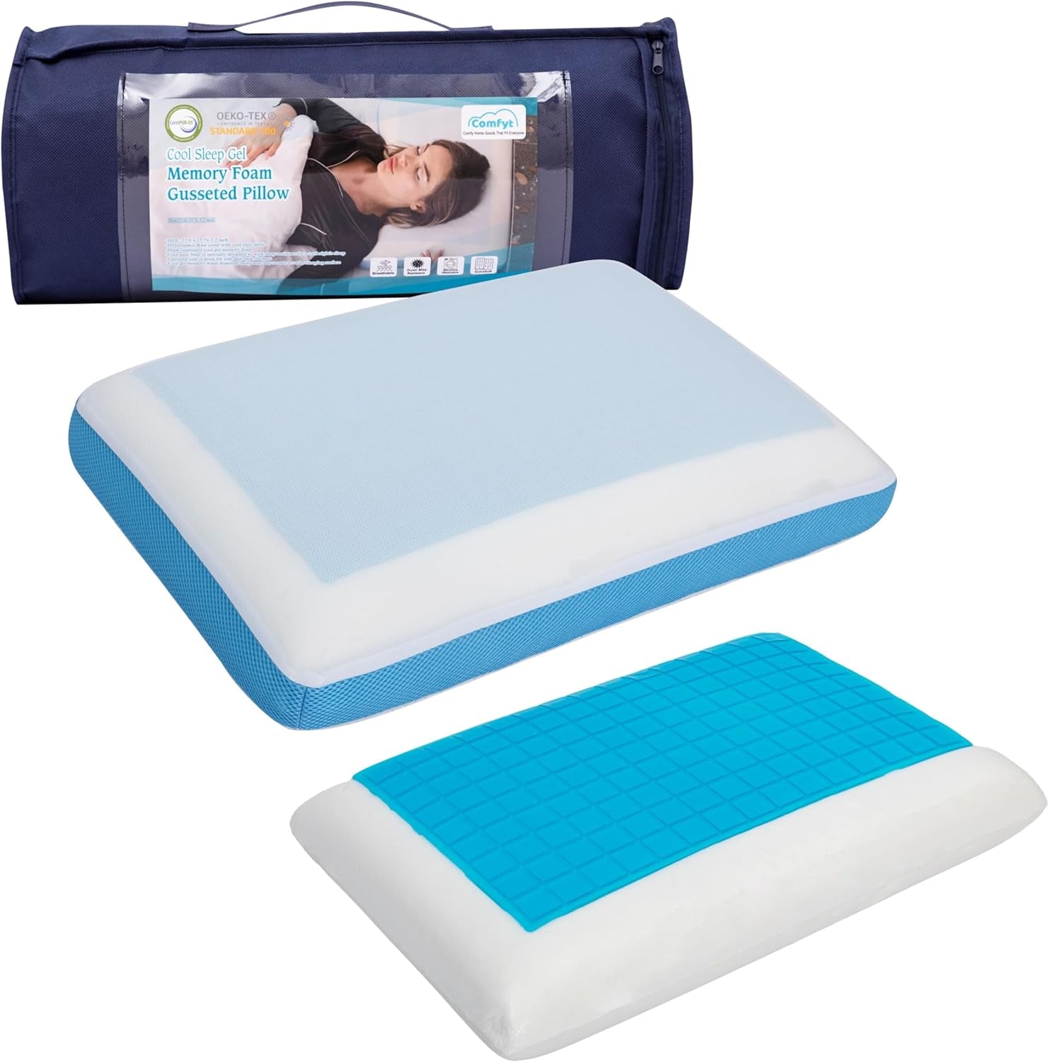 Cervical Pillow Cooling Orthopedic Memory Foam Pillows for Back Stomach Side Sleeper - Sleeping Travel Neck Gusseted Bed Pillow Gel Layer Provides Coolness Removable Washable Cover
