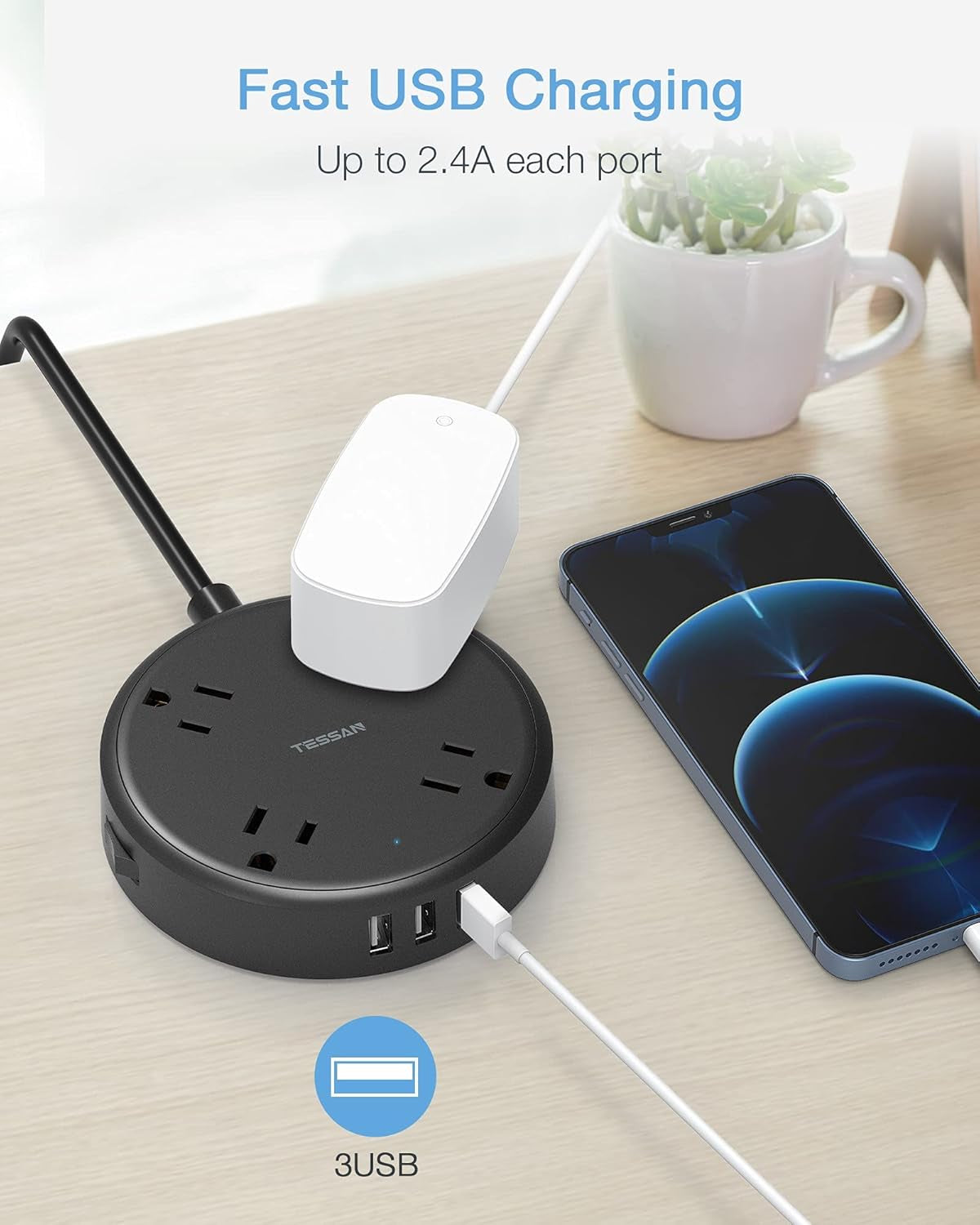 Cruise Power Strip with USB,  Extension Cord with 4 Wide Spaced Outlets and 3 USB Ports, Cruise Ship Must Have Small Desk Charging Station Flat Plug 4.5Ft Extender for Travel, Dorm Room, Black