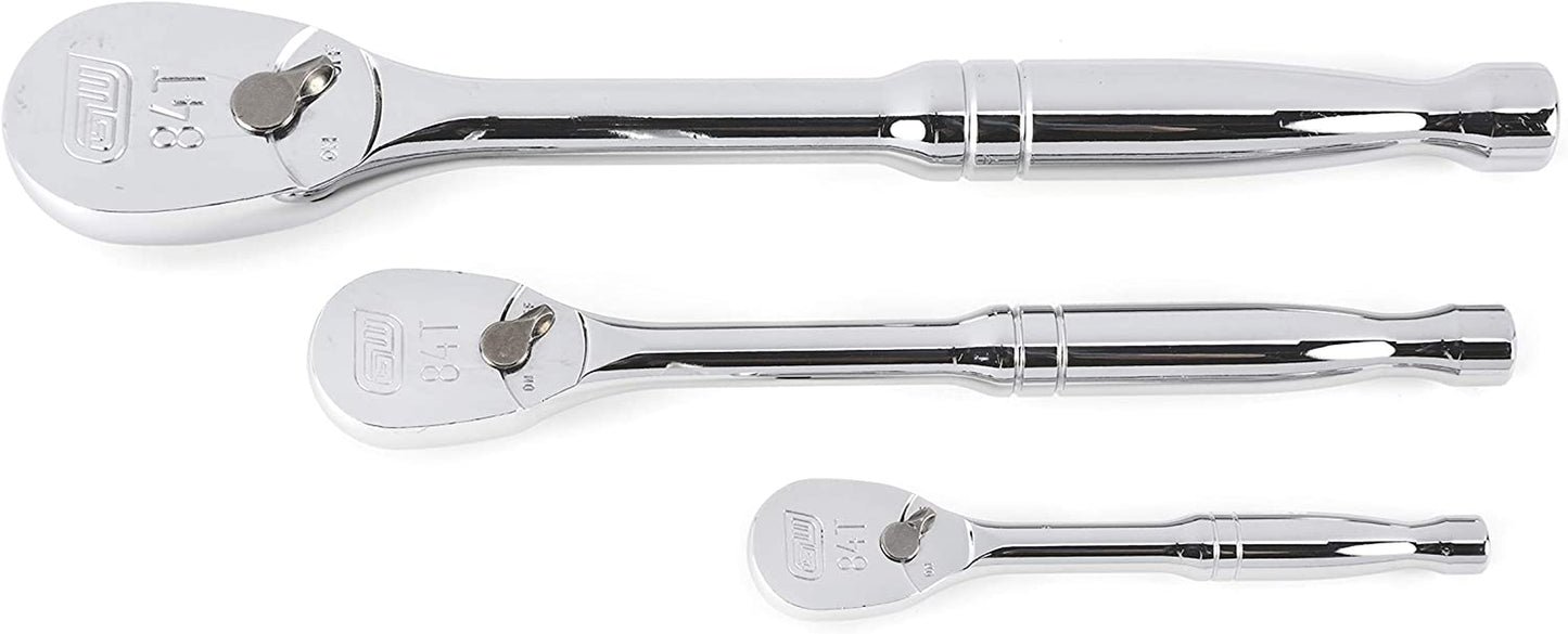 3 Piece 1/4", 3/8" & 1/2" Drive 84 Tooth Full Polish Teardrop Ratchet Set - 81206A-07