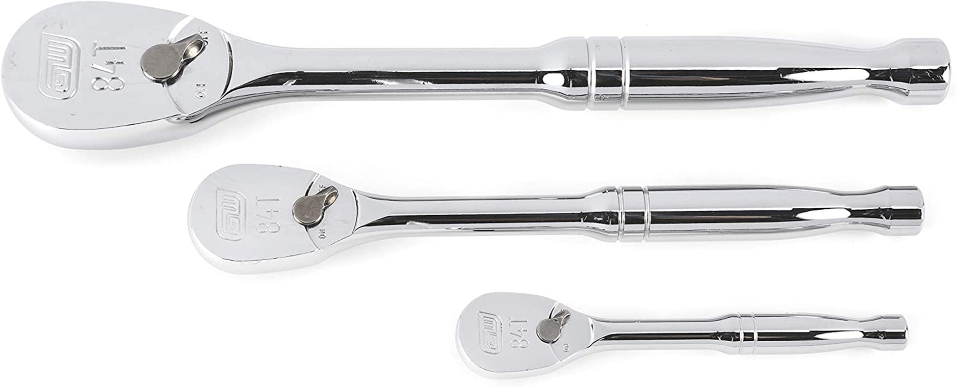 3 Piece 1/4", 3/8" & 1/2" Drive 84 Tooth Full Polish Teardrop Ratchet Set - 81206A-07