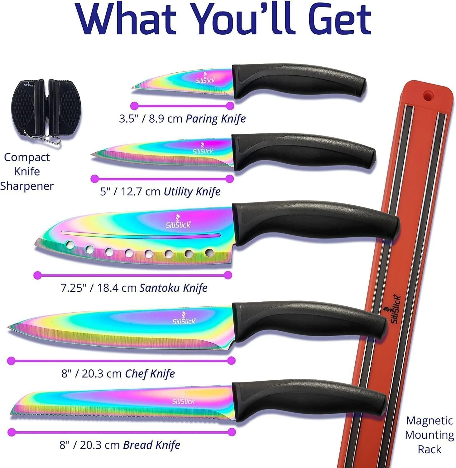 Kitchen Knife Set Kit 5 Professional Grade Iridescent Blade Knives Includes Knife Sharpener & Magnetic Wall Hanger All Blue with Black Knife Rack
