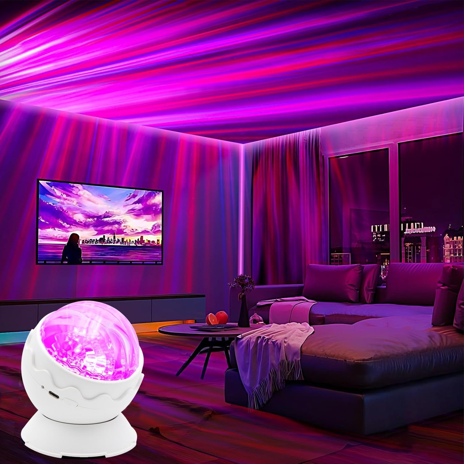 Whole Room Coverage Area Northern Lights Projector Galaxy Aurora 8 Effects Combinations with Night Light Egg Cover for Bedroom Light Sleep (White)