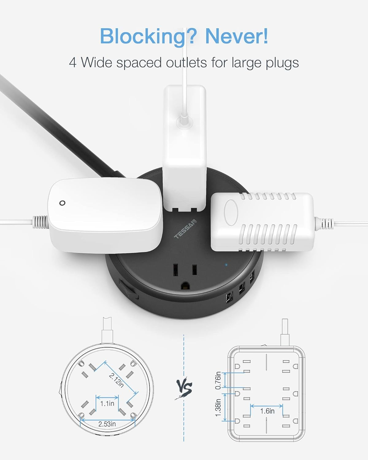Cruise Power Strip with USB,  Extension Cord with 4 Wide Spaced Outlets and 3 USB Ports, Cruise Ship Must Have Small Desk Charging Station Flat Plug 4.5Ft Extender for Travel, Dorm Room, Black
