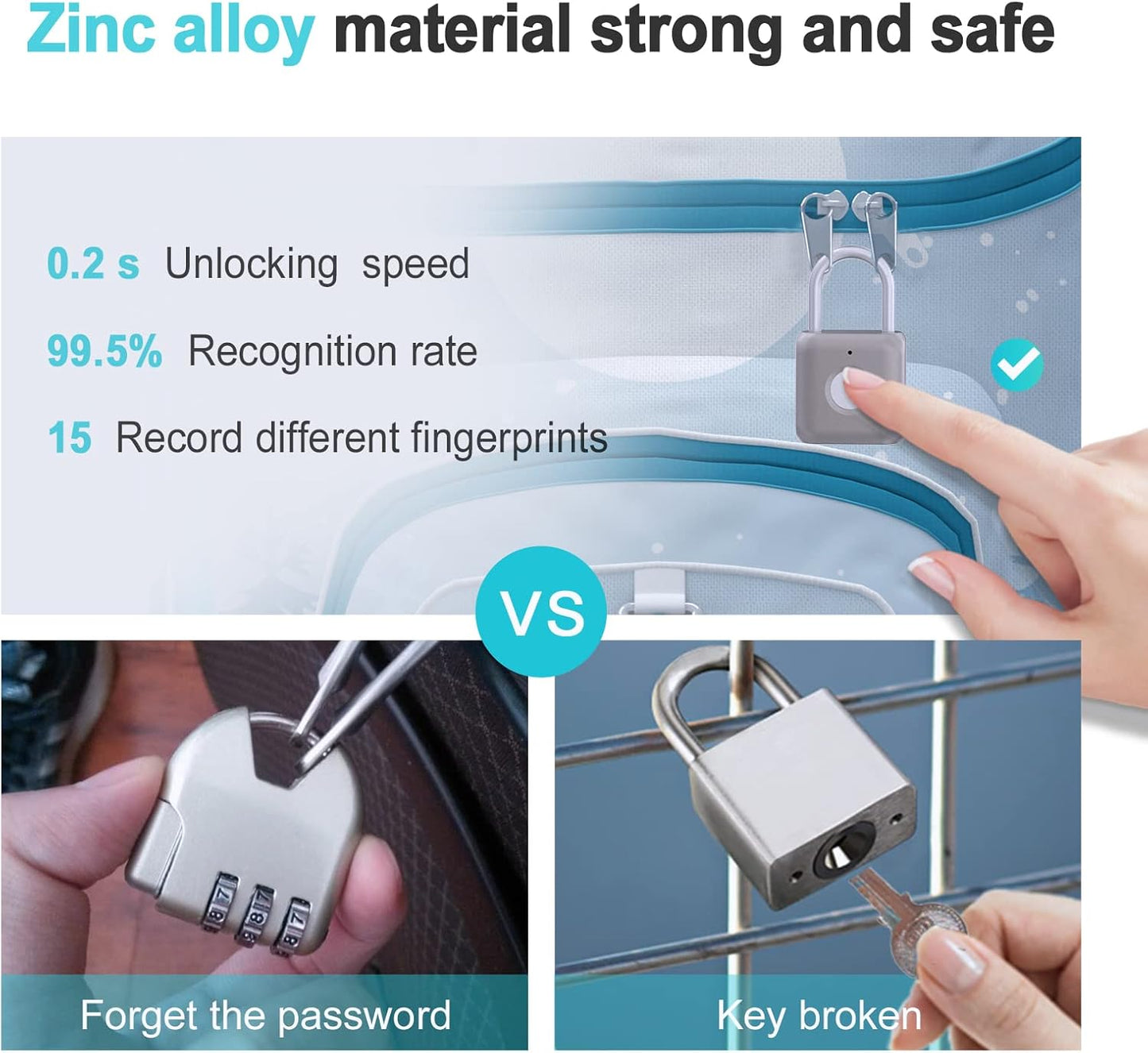 Fingerprint Padlock , Locker Lock, Smart Padlock, Weatherproof Outdoor Padlock, Smart Touch Lock Suitable for Gym, Bike, School, Fence and Storage, Padlock Portable USB Rechargeable (Gray)