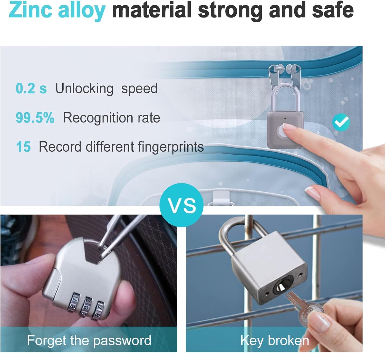Fingerprint Padlock , Locker Lock, Smart Padlock, Weatherproof Outdoor Padlock, Smart Touch Lock Suitable for Gym, Bike, School, Fence and Storage, Padlock Portable USB Rechargeable (Gray)