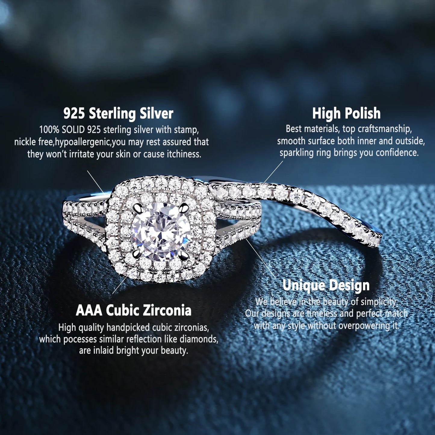 Newshe Wedding Engagement Ring Set 925 Sterling Silver 2Ct round Created Blue Sapphire White Cz Size 6
