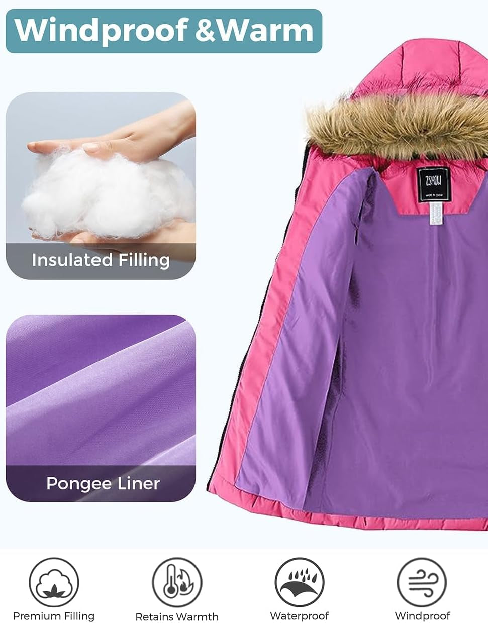 Girls' Long Winter Coat Parka Waterproof Warm Puffer Jacket