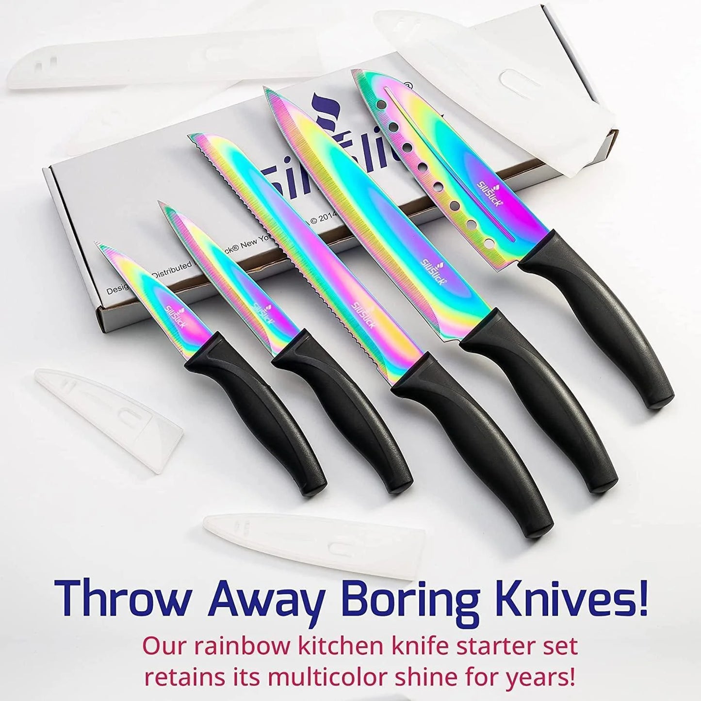 Kitchen Knife Set Kit 5 Professional Grade Iridescent Blade Knives Includes Knife Sharpener & Magnetic Wall Hanger All Blue with Black Knife Rack